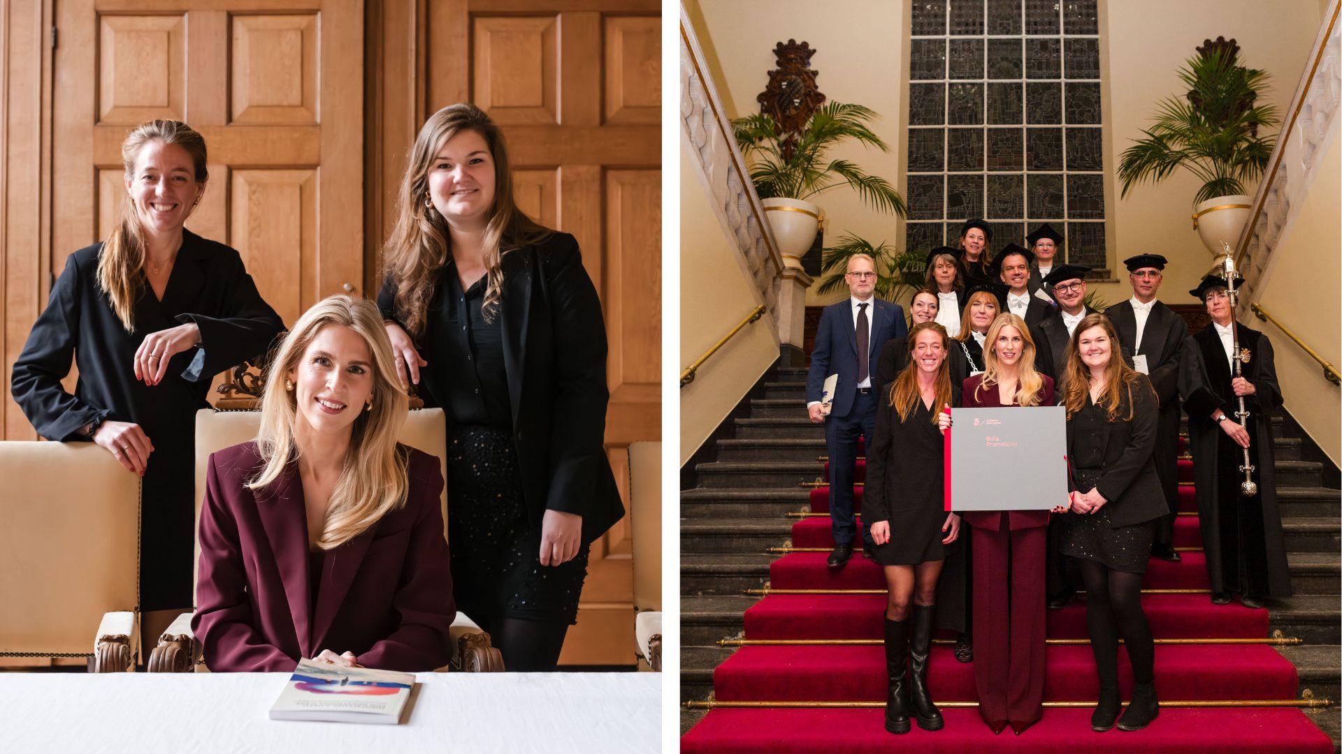 Twee foto's van de verdediging van Vera Linde Dol. Foto 1: Vera poseert zittend aan tafel, achter haar staan twee dames. Op tafel ligt haar proefschrift. Foto 2: Vera poseert op een trap met rode loper na haar verdediging en houdt haar doctoraatsbul vast. Ze poseert samen met een groep mensen die meewerkten aan haar promotieonderzoek.